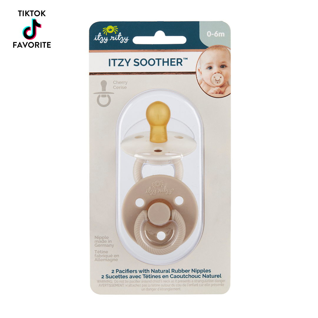 Itzy Ritzy Itzy Soother™ natural rubber pacifiers for 0-6 months, featuring a cherry design, eco-friendly and soothing.