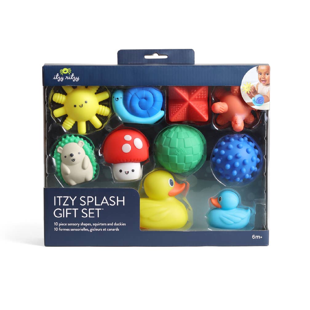 Itzy Splash Gift Set™ featuring 10 colorful soft bath toys for sensory fun and motor skill development.