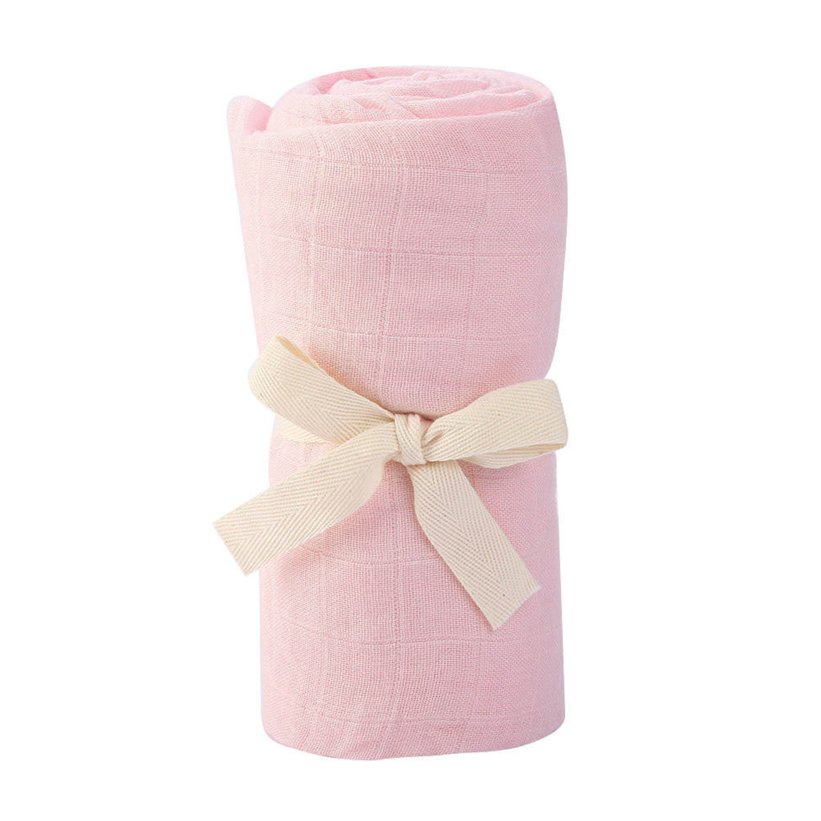 Soft pink bamboo muslin baby swaddle wrapped neatly with a beige ribbon, perfect eco-friendly newborn gift from Giften Market.