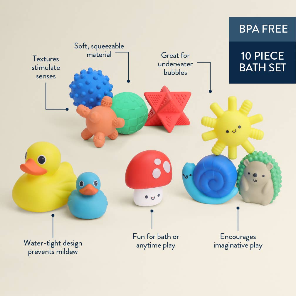 Colorful Itzy Splash Gift Set™ with 10 soft, squeezable bath toys for fun and motor skill development.