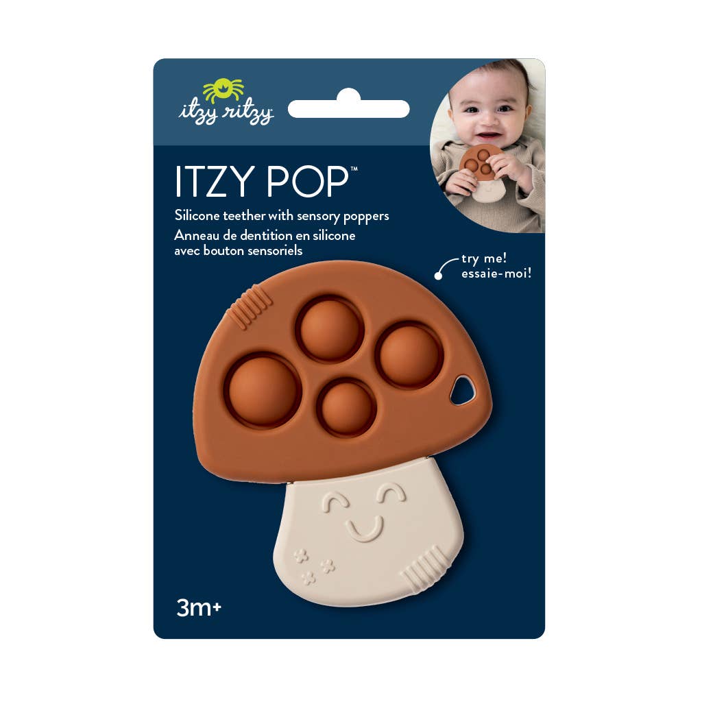 Itzy Ritzy Itzy Pop Mushroom sensory popper toy in packaging, featuring eco-friendly design and teething-friendly mushroom shape.