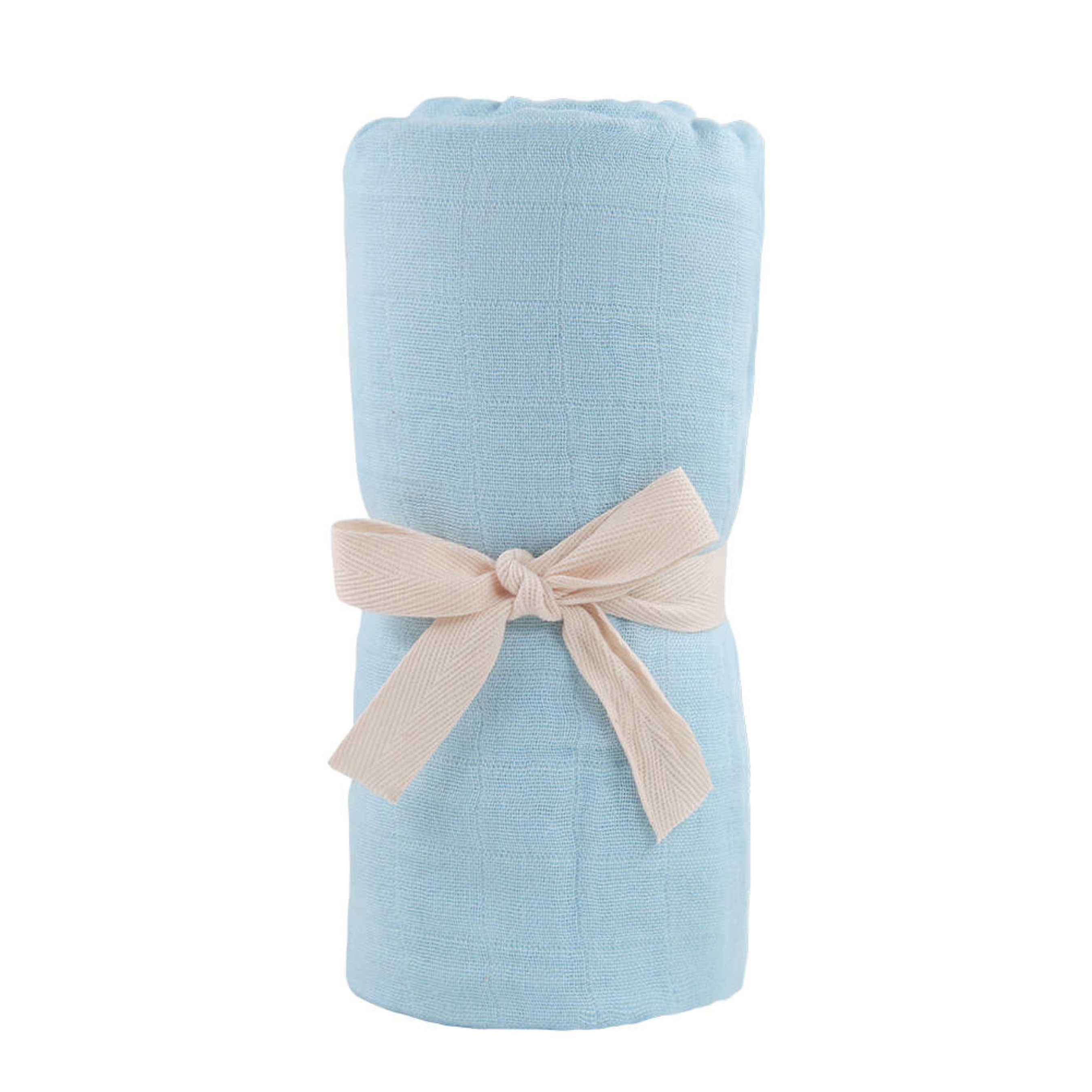 Light blue bamboo muslin baby swaddle wrapped with beige ribbon, perfect for newborns, eco-friendly and naturally soft.