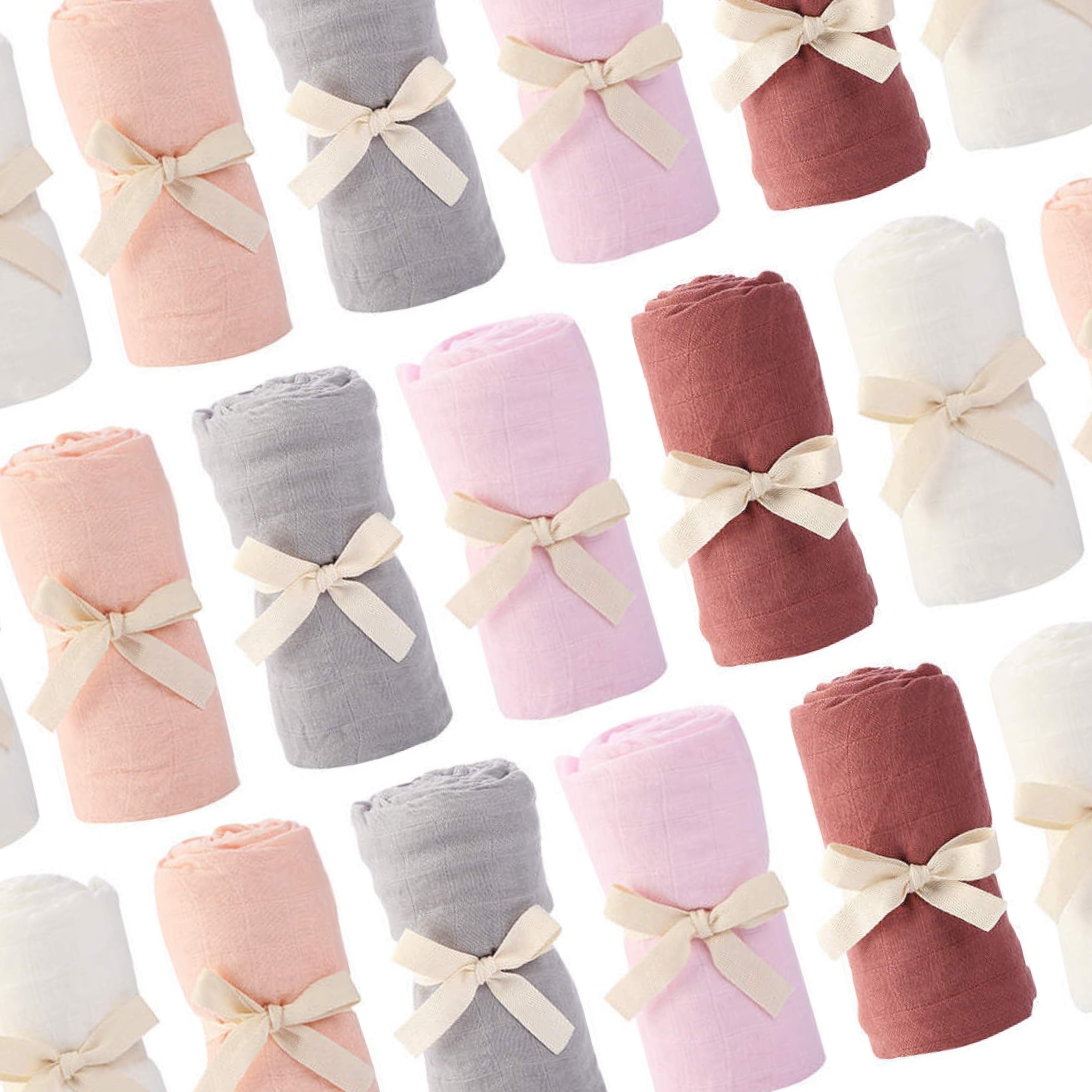Colorful array of Bamboo Muslin Baby Swaddles by Giften Market, showcasing soft, sustainable materials and bows.