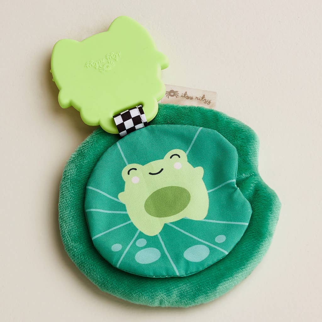 Itzy Teether Frog Sweetie Crinkle™ in green, featuring a soft plush frog and soothing silicone teether.