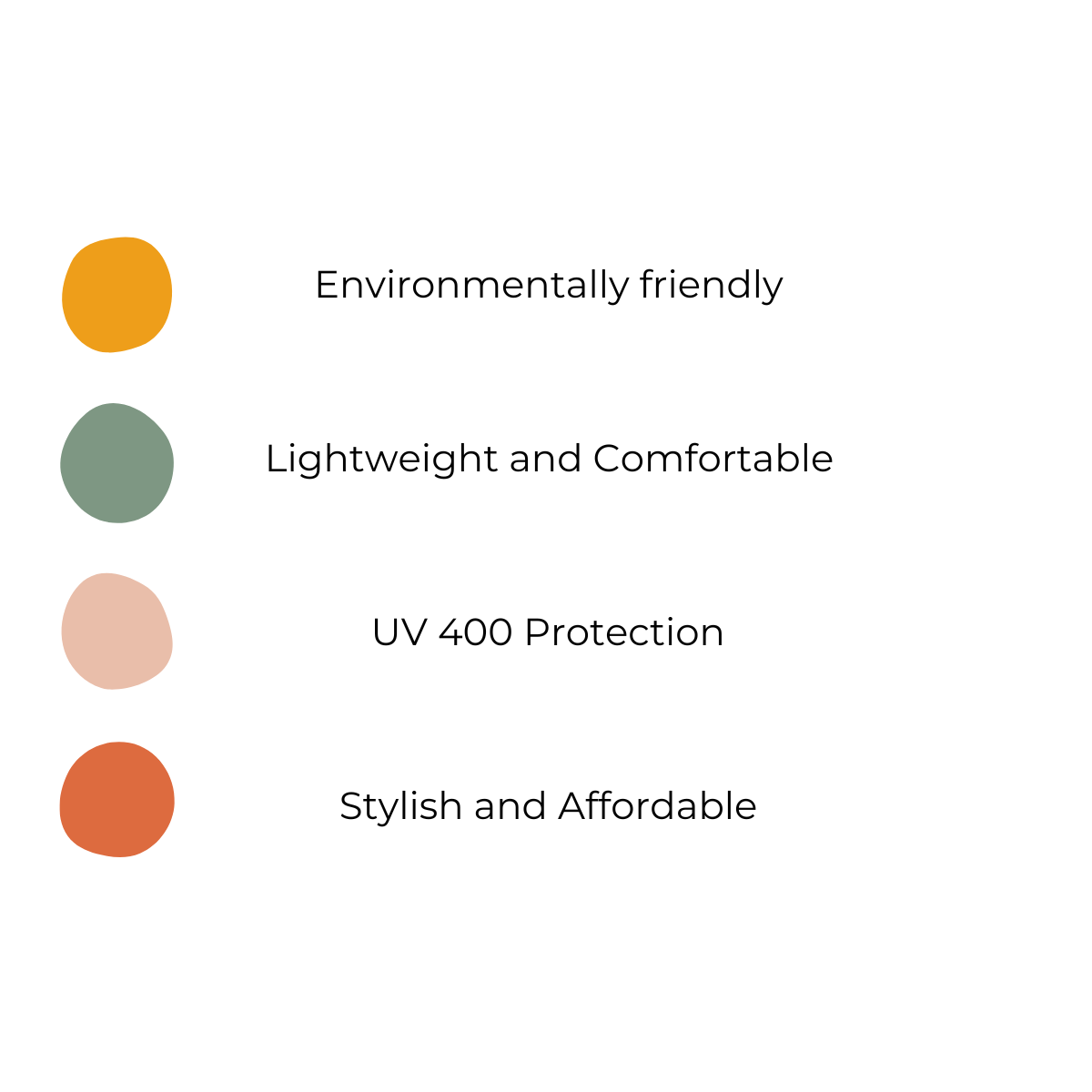 Color chart highlighting environmentally friendly, lightweight, UV 400 protection, stylish and affordable qualities.