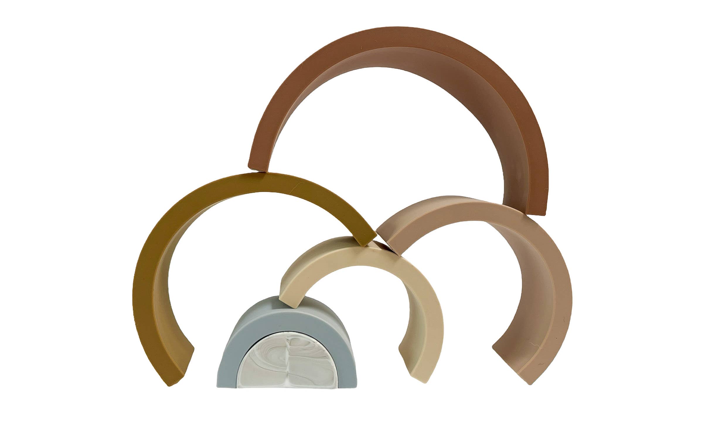 Eco-friendly nude Rainbow Nesting Toy for safe play and teething by Marlowe and Sage, encouraging sensory stimulation and grip building.