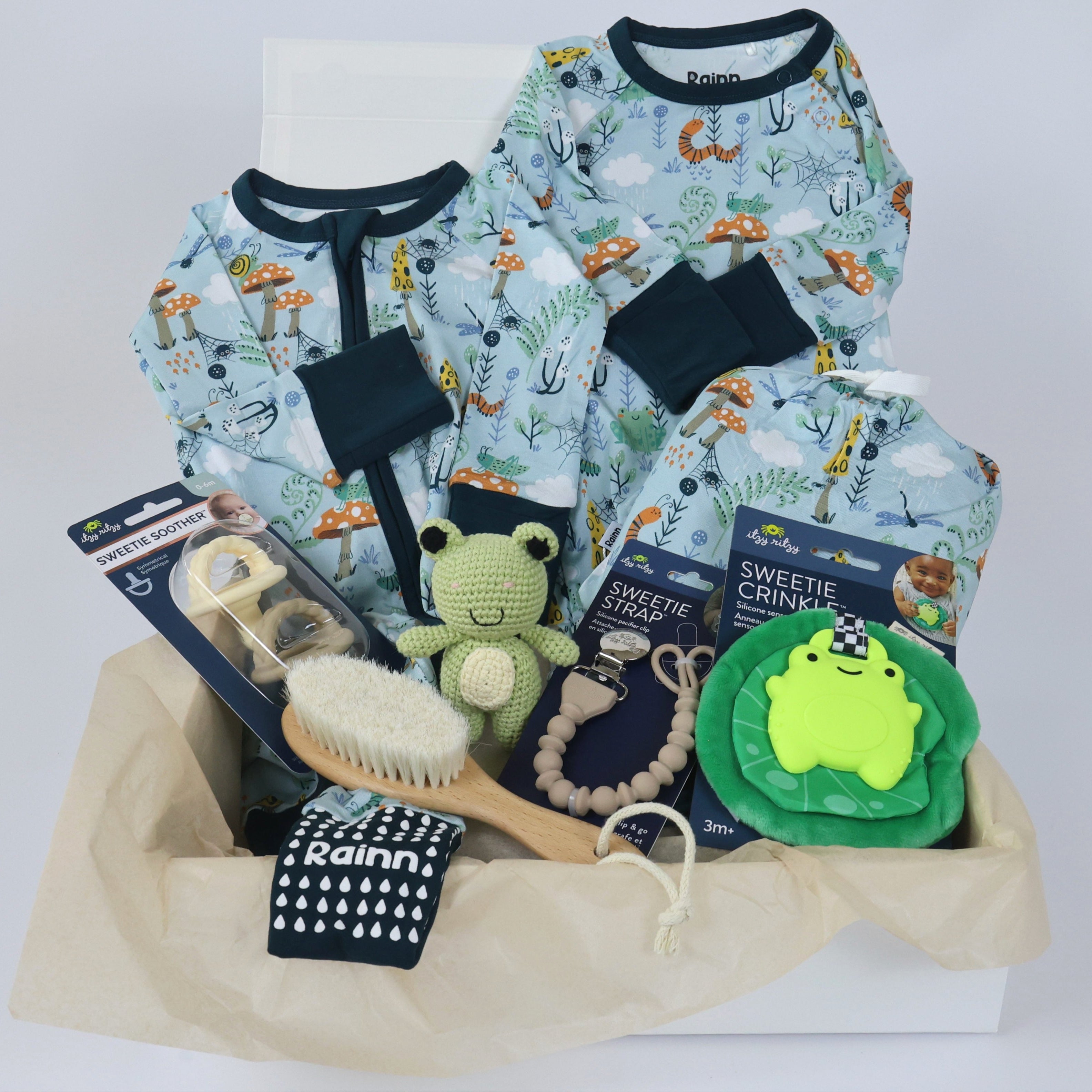 Baby Gift Set for Boys - Sleep & Play Critter Hollow with clothing, toys, and accessories in bamboo fabric.
