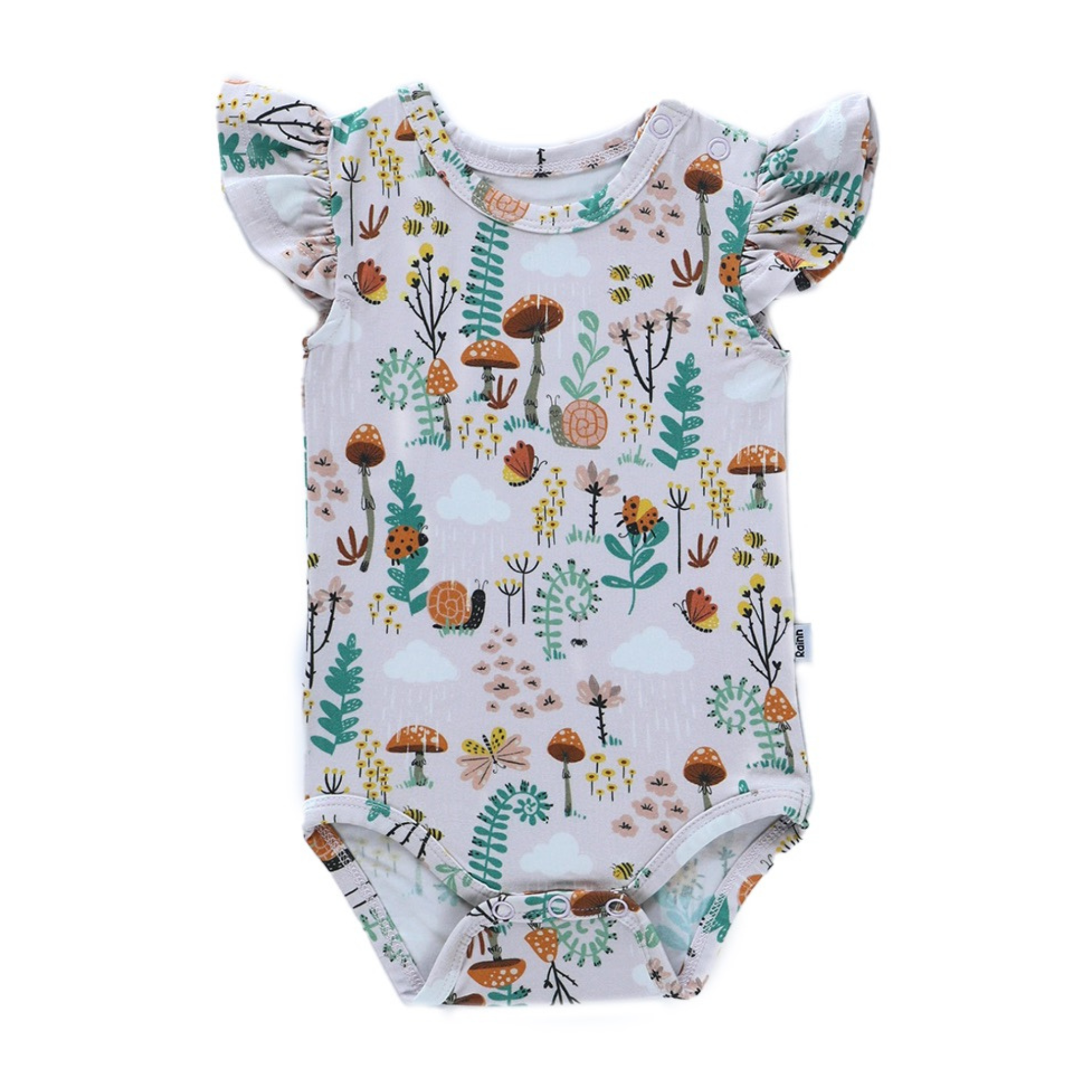 Fern Ruffle Snappy onesie by Rainn, featuring colorful flora and ruffle sleeves, perfect for comfy, playful days.