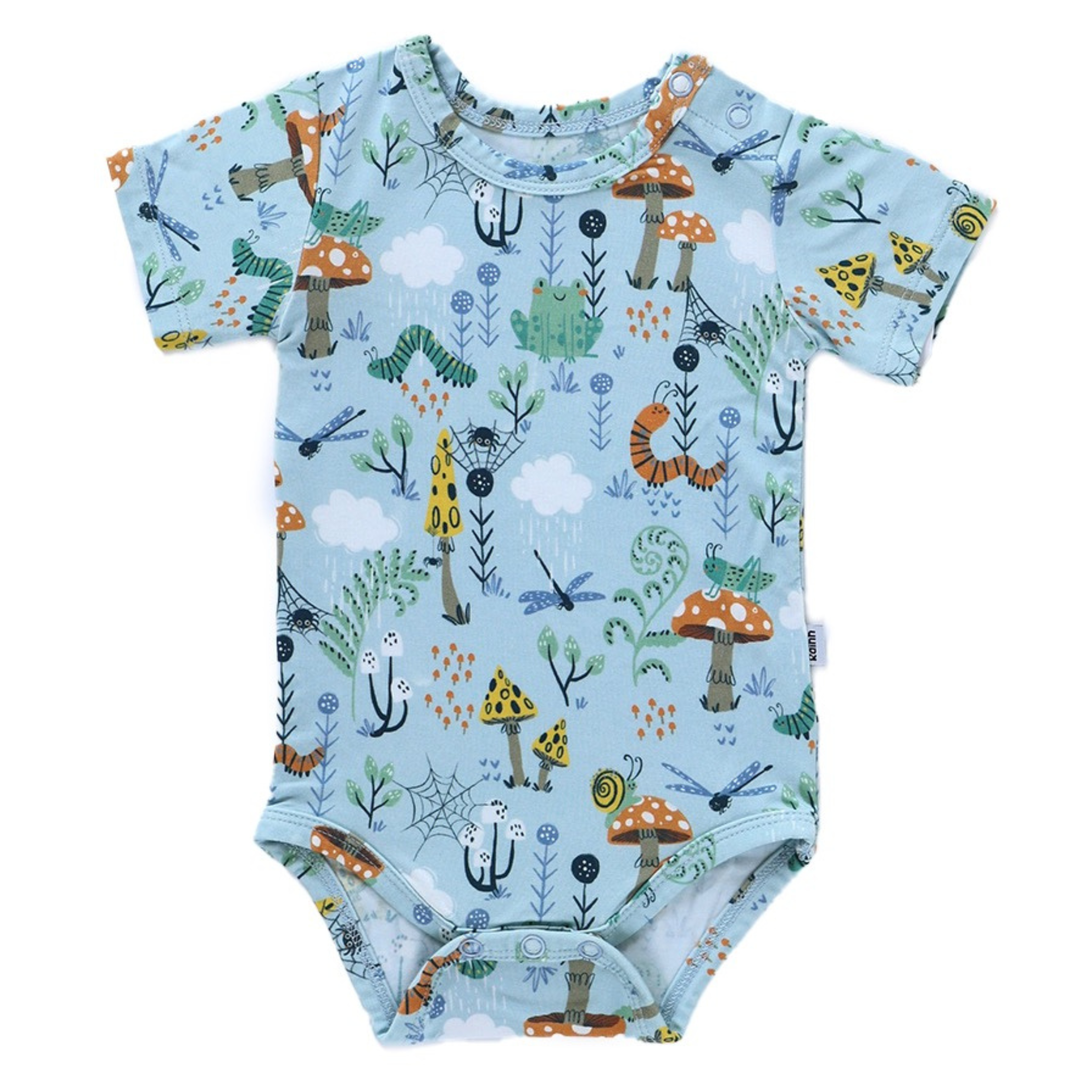 Short-sleeve baby onesie featuring colorful critters and mushrooms on a light blue background.