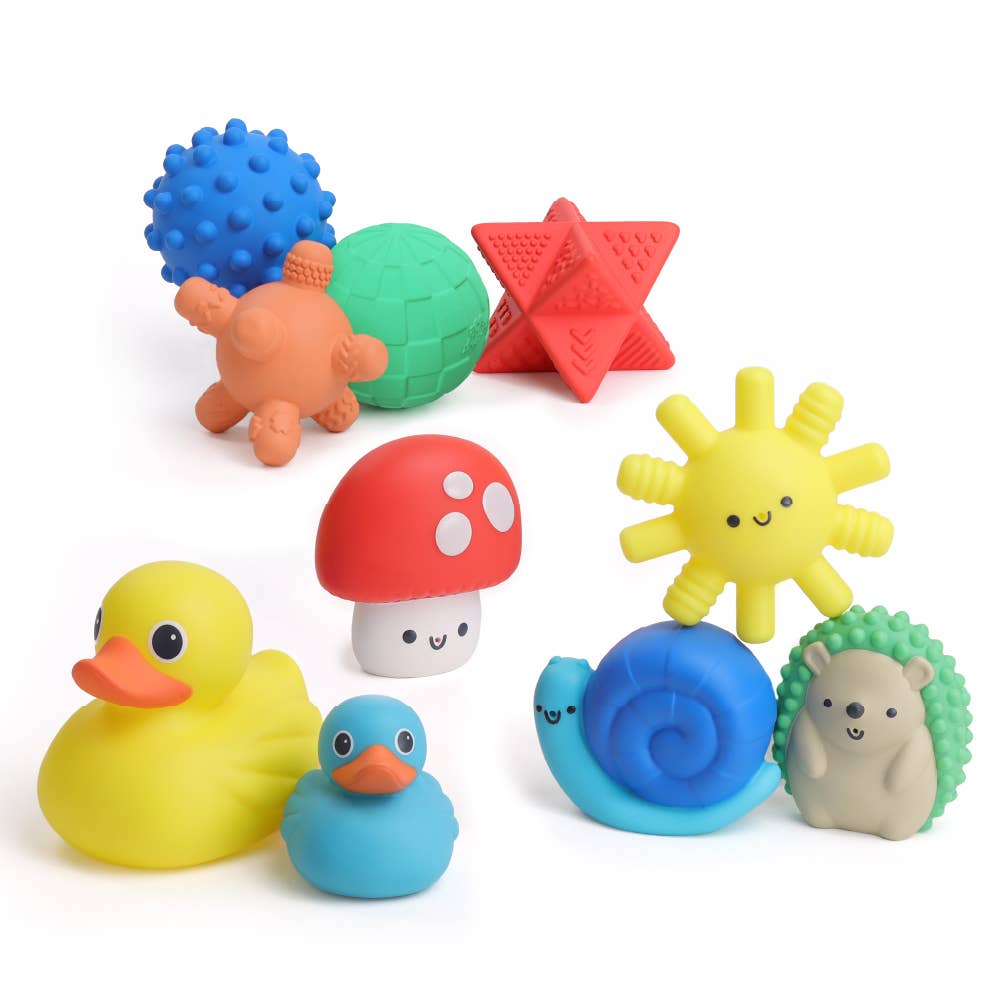 Colorful soft bath toys from the Itzy Splash Gift Set™ including ducks, mushrooms, and playful shapes for fun bath time.