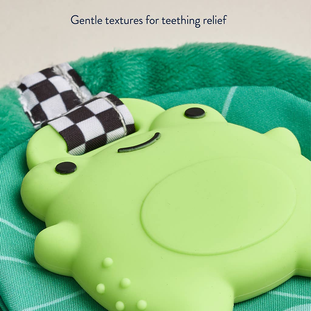Itzy Teether Frog Sweetie Crinkle™ with gentle textures, perfect for soothing babies during teething.