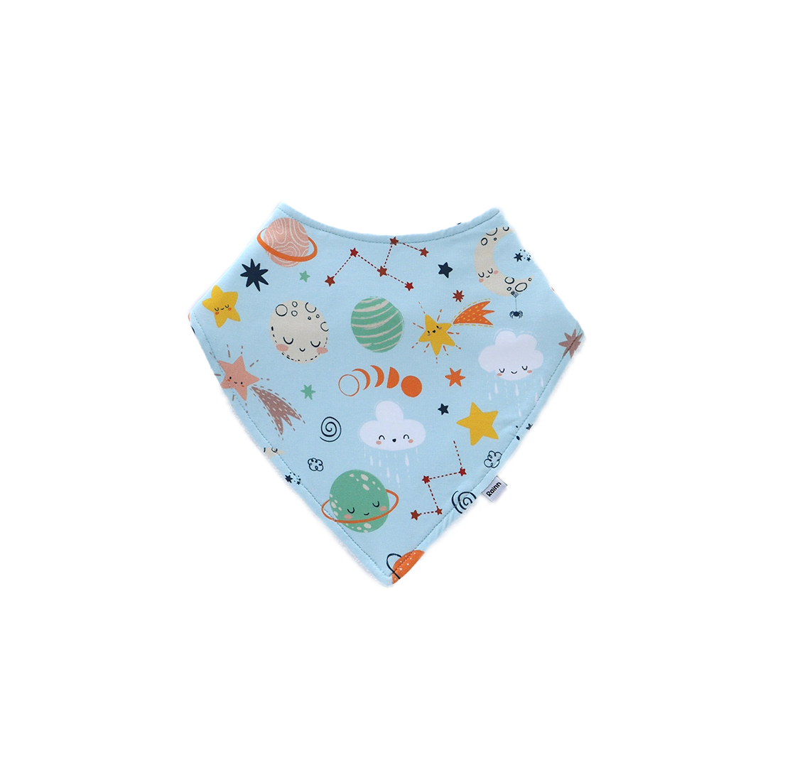 Cosmic bandana dribble bib by Rainn featuring cute space-themed designs in soft bamboo fabric.