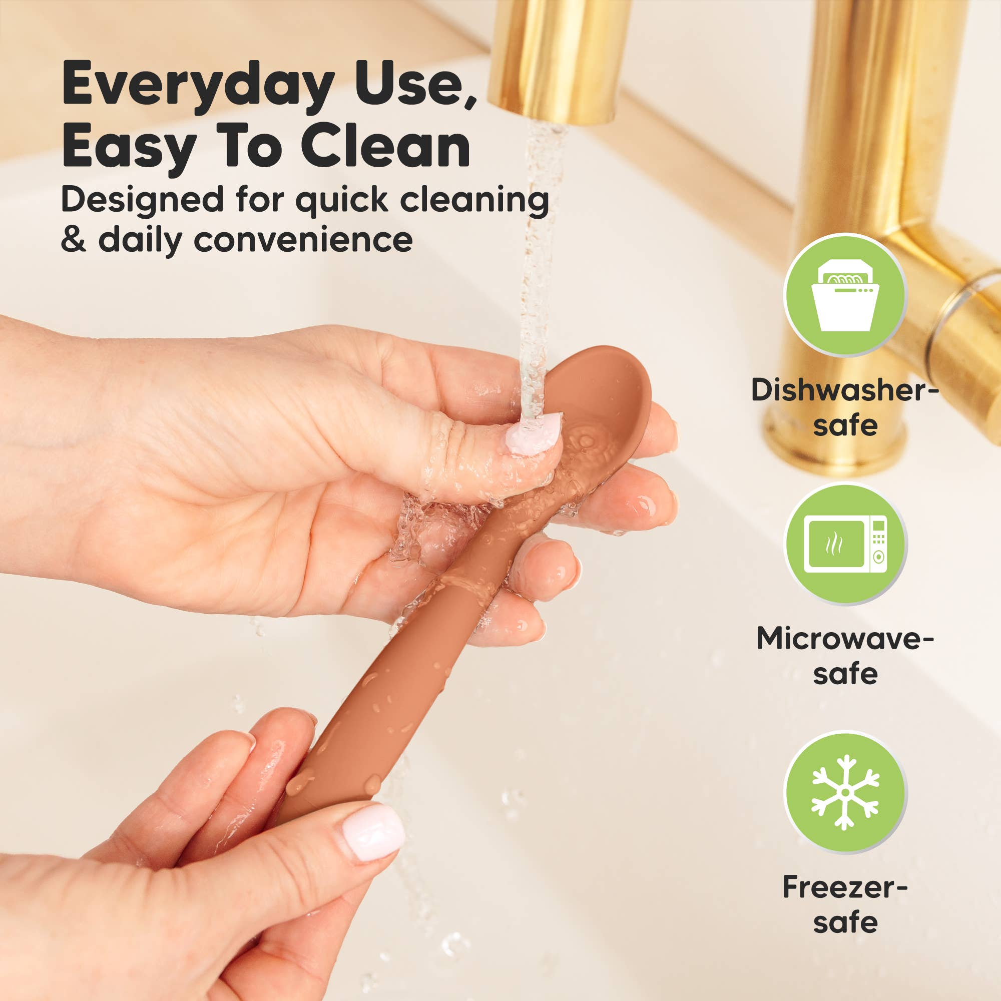 Silicone Baby Spoon being rinsed, highlighting dishwasher, microwave, and freezer-safe features for easy cleaning and convenience.
