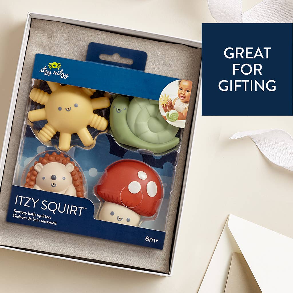 Itzy Squirt™ 4-pack of soft, squeezable bath toys perfect for motor skill development and joyful playtime.