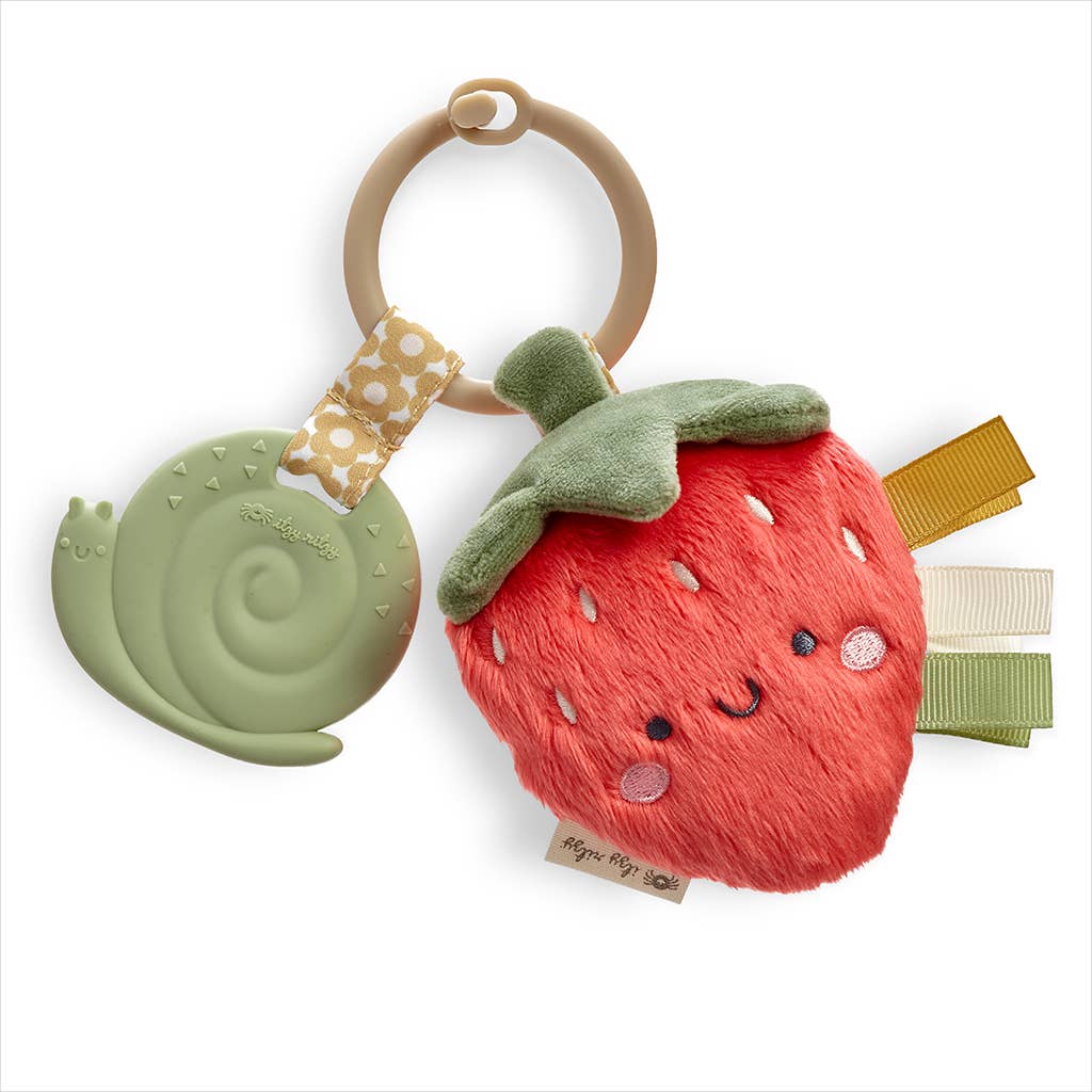 Itzy Ritzy Itzy Pal Plush Teether Strawberry for baby teething, eco-friendly design with plush strawberry and silicone teether.