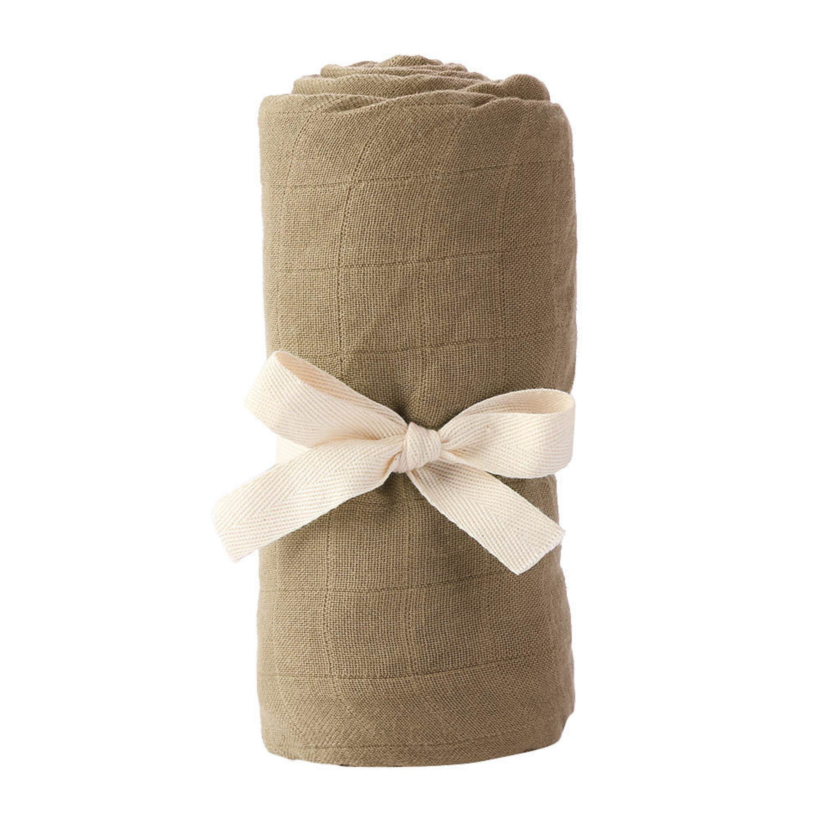 Bamboo Muslin Baby Swaddle in Sage, naturally soft and sustainably made, rolled and tied with a white ribbon, by Giften Market.