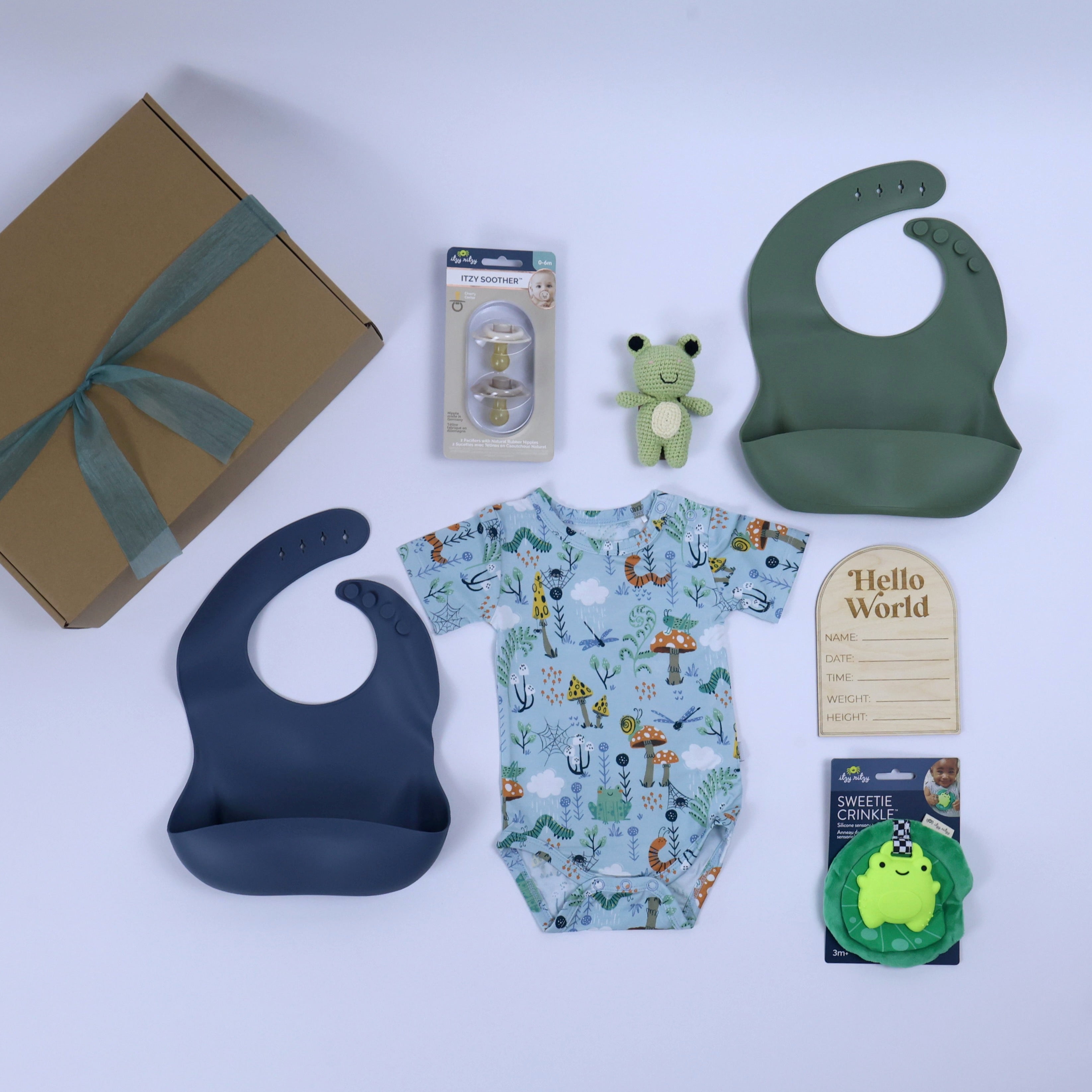 Eco-Friendly Baby Gift Set - Critter Hollow with bamboo onesie, bibs, toys, and eco-conscious packaging.