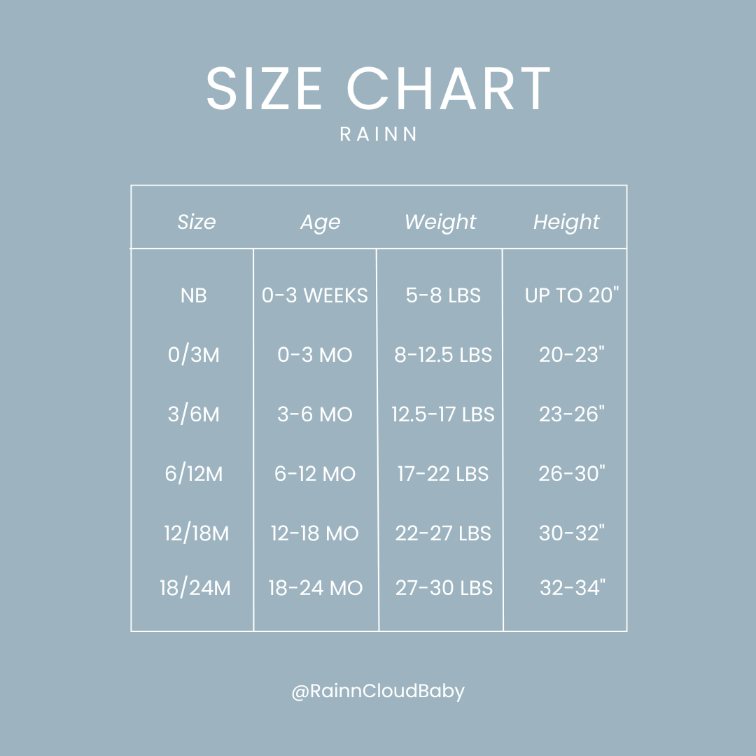 Size chart for Rainn clothing: age, weight, and height guide for baby sizes NB to 18/24M.