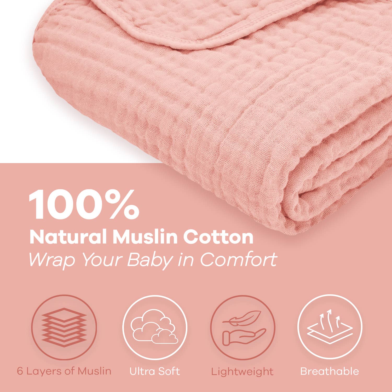 Comfy-Cubs muslin cotton baby blanket showcasing softness, breathability, and 6 layers for cozy comfort.