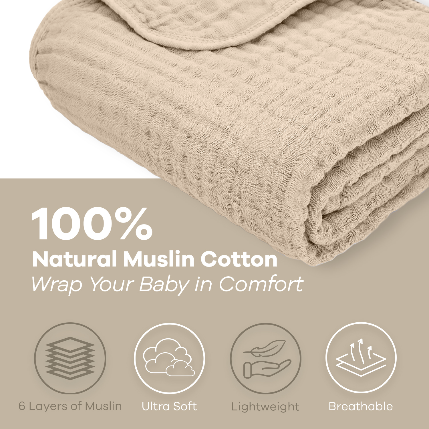 100% Natural Muslin Cotton Baby Blanket, ultra-soft, breathable, and lightweight for ultimate comfort.