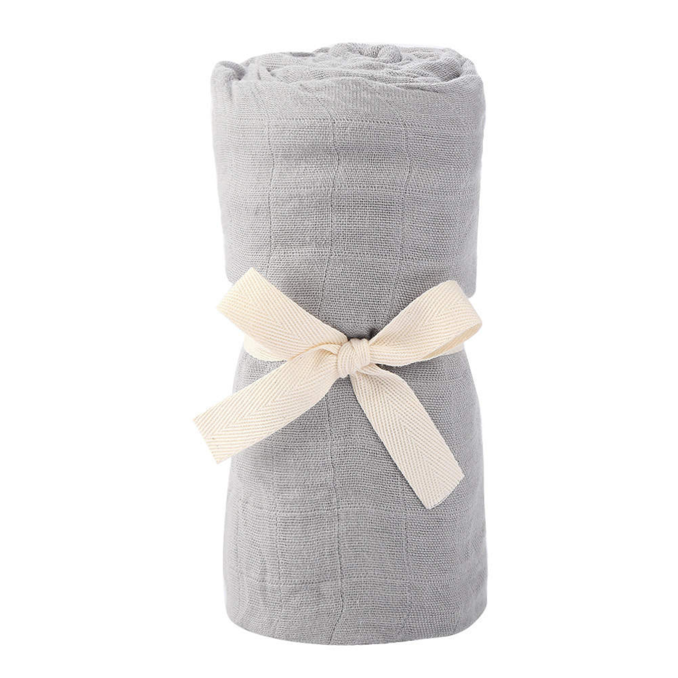 Sage bamboo muslin baby swaddle, rolled and tied with ribbon, from Giften Market. Naturally soft and sustainably made for newborn comfort.