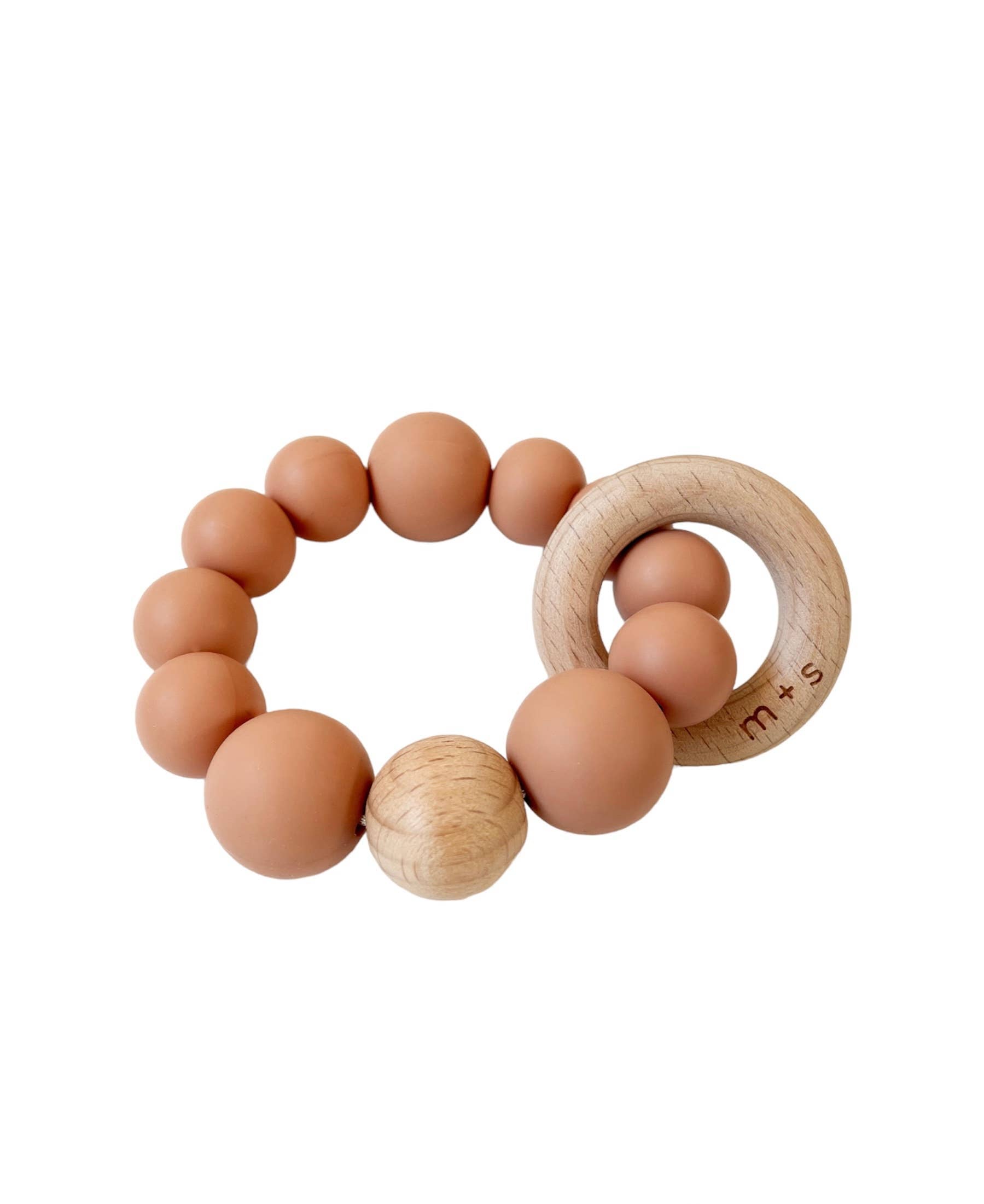 Marlowe and Sage Circle Teether in Peach with silicone beads and beech wood accents, eco-friendly teething solution.