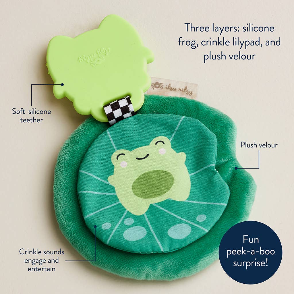 Itzy Teether Frog Sweetie Crinkle™ features silicone, crinkle lilypad, and plush velour for sensory fun!