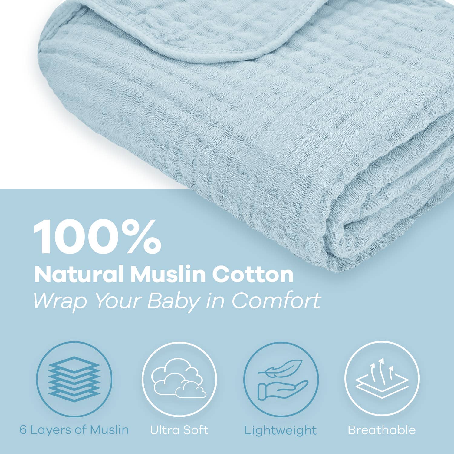 Light blue muslin cotton baby blanket by Comfy-Cubs, ultra-soft, breathable, and perfect for wrapping your baby in comfort.