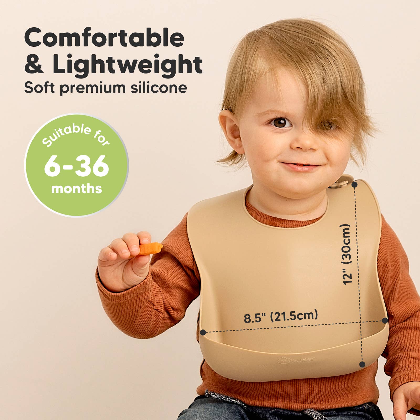 Silicone Bibs for Babies and Toddlers, comfortable lightweight design for ages 6-36 months, featuring soft, premium silicone material.