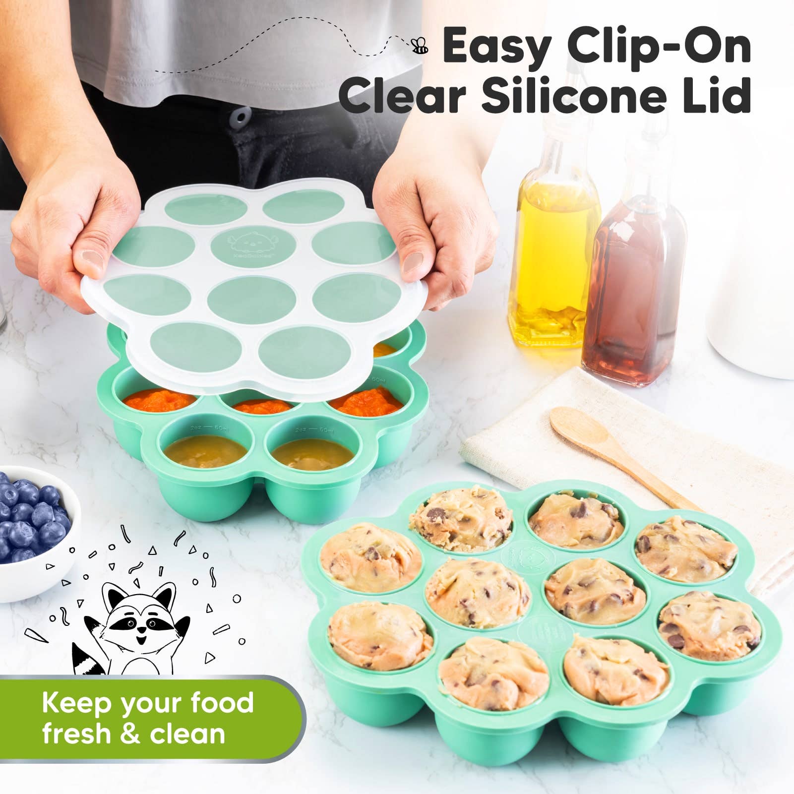 KeaBabies silicone baby food freezer tray with clip-on lid, showcasing 10 pods filled with baby food, eco-friendly and BPA-free.