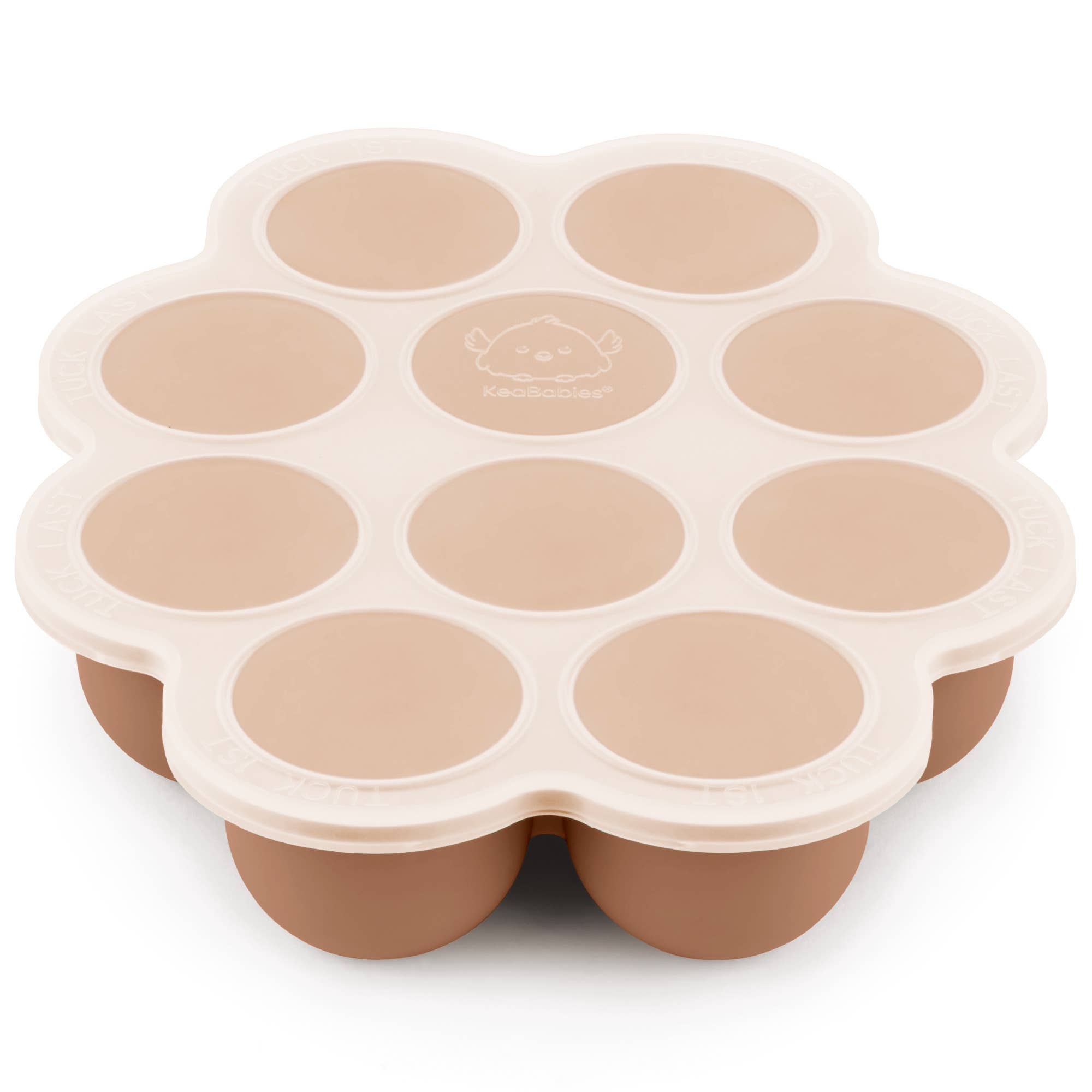Silicone baby food freezer tray with 10 pods by KeaBabies, featuring a sturdy lid and eco-friendly design.