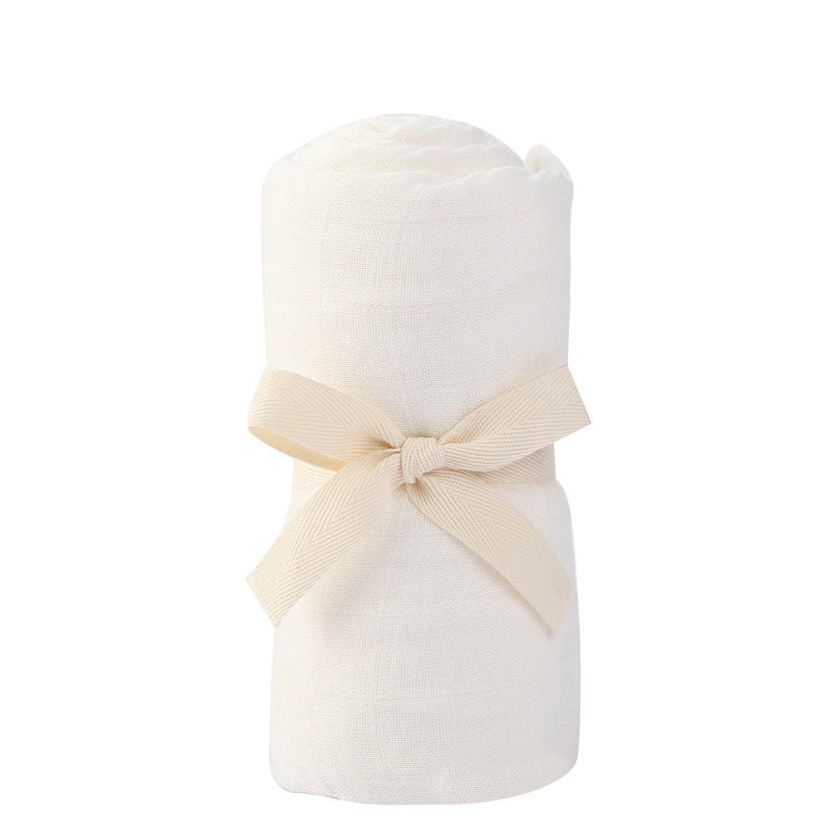 Bamboo Muslin Baby Swaddle in White, rolled and tied with a ribbon, soft and eco-friendly gift from Giften Market.