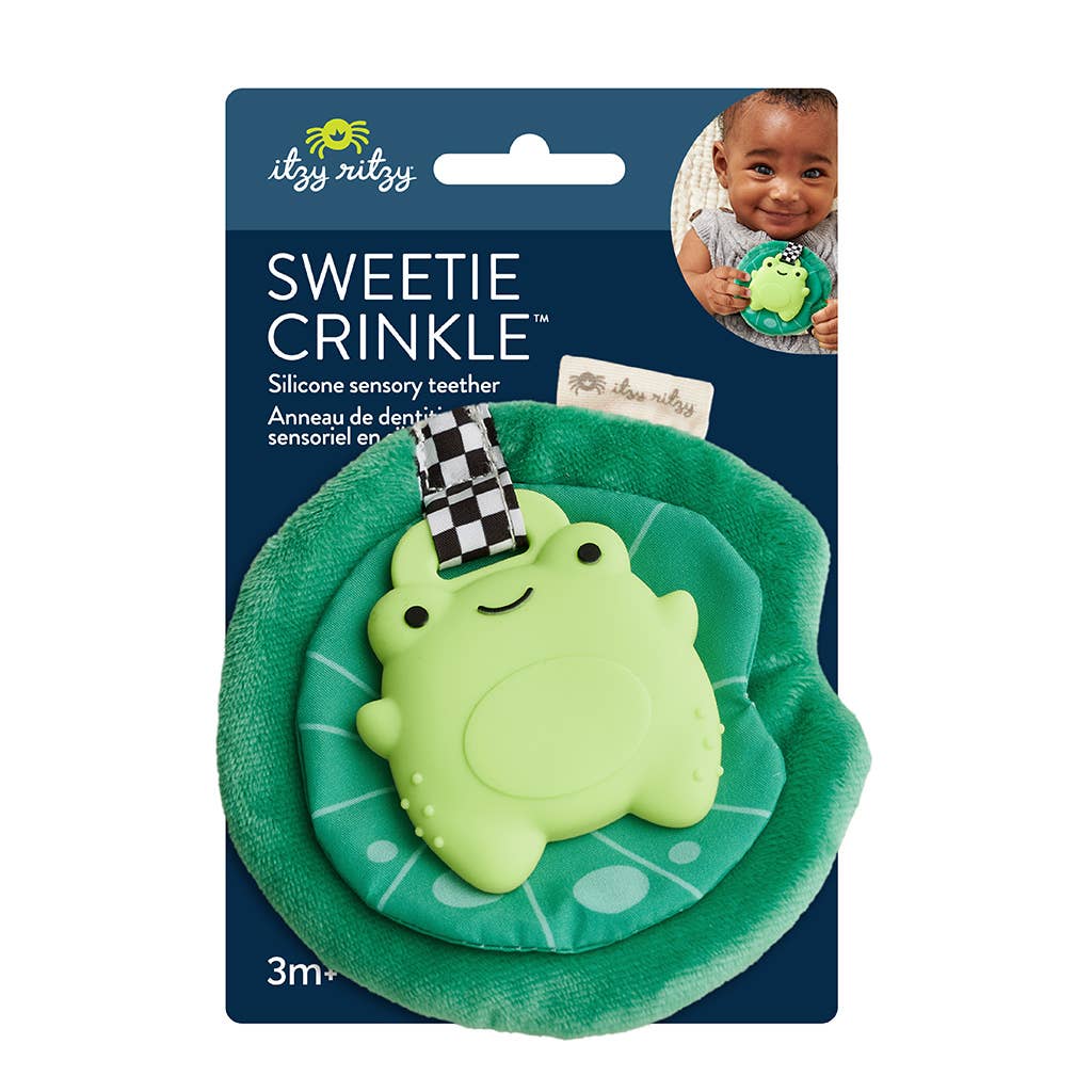 Itzy Teether Frog Sweetie Crinkle™: silicone teether with plush crinkle sounds for babies, perfect sensory enjoyment!