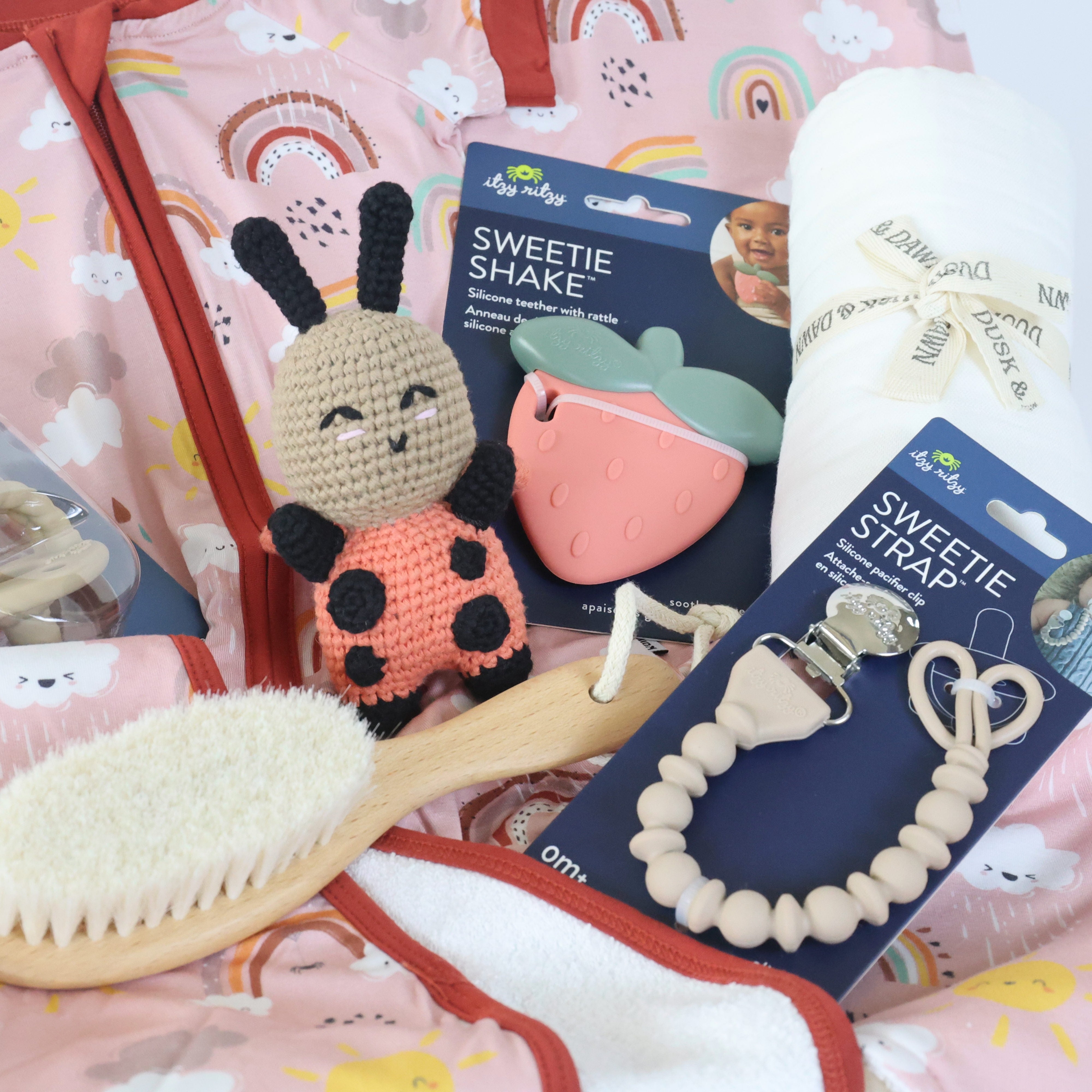 Baby Gift Set For Girls with bamboo babywear, teether, and essentials