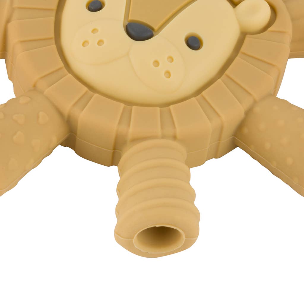 Itzy Ritzy Ritzy Teether™ Lion design, eco-friendly teething relief for babies with textured hollow tubes.
