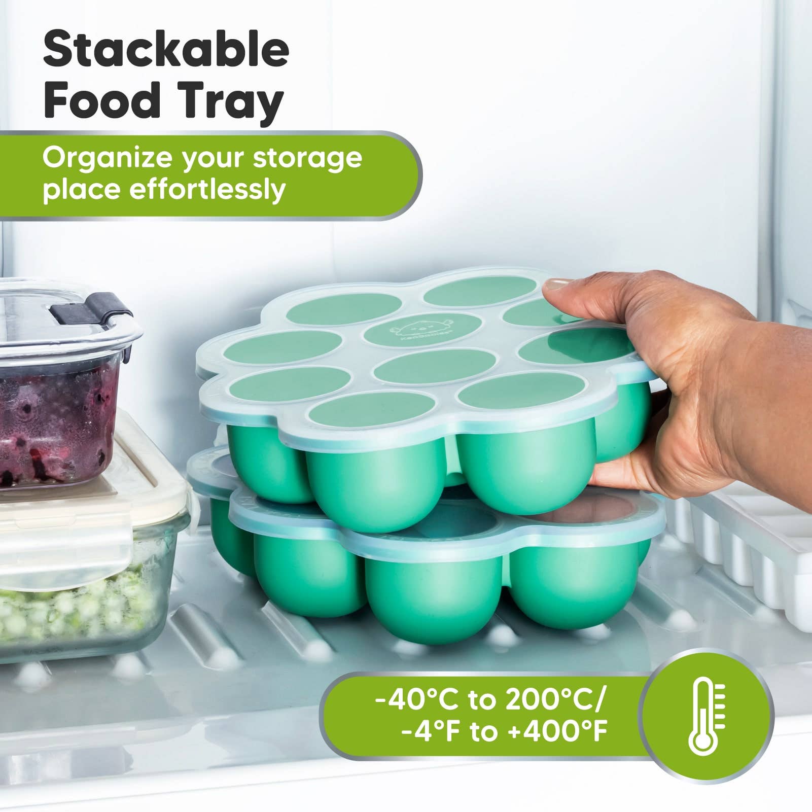Organize your fridge with the stackable silicone food tray, perfect for meal prep and storage.