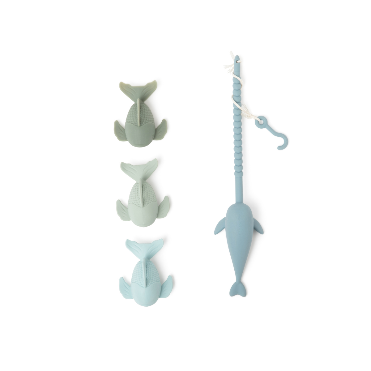 Bug + Bean Kids Silicone Fishing Playset with fish and fishing rod in calming colors for imaginative play.