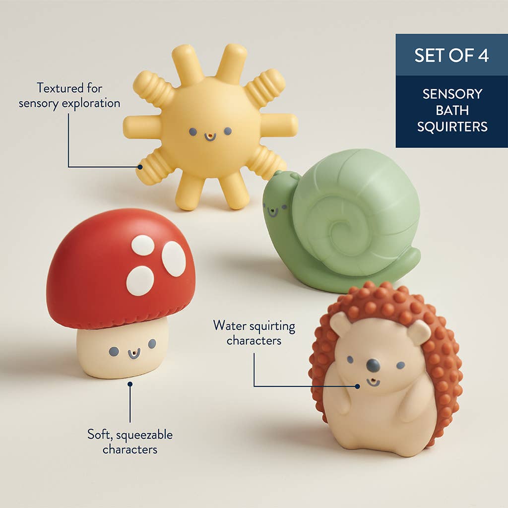 Set of 4 Itzy Squirt™ soft bath toys: textured sun, snail, mushroom, and hedgehog for fun sensory exploration.