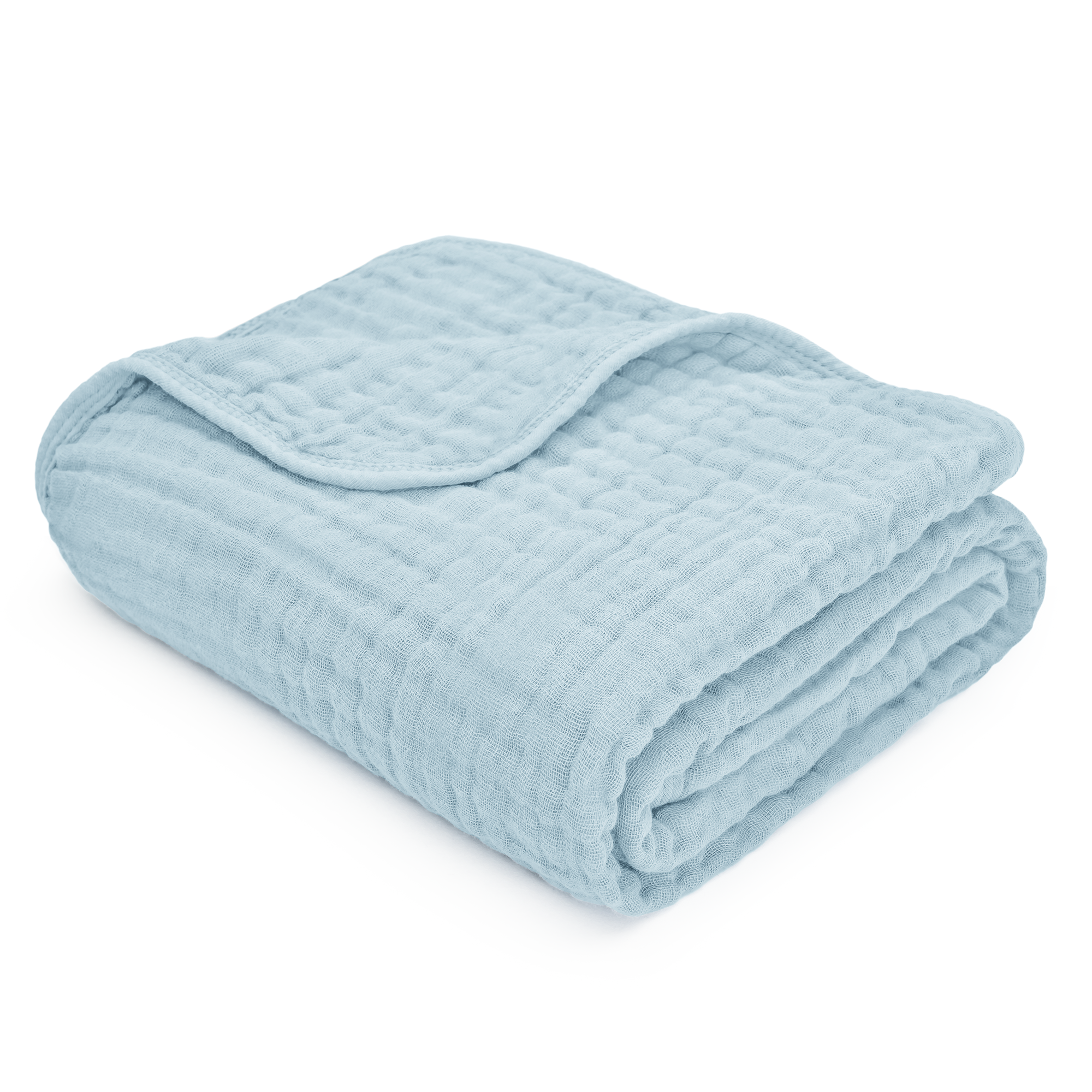 Soft blue muslin cotton blanket, perfect for baby naps and cozy warmth, 100% breathable and comfy.
