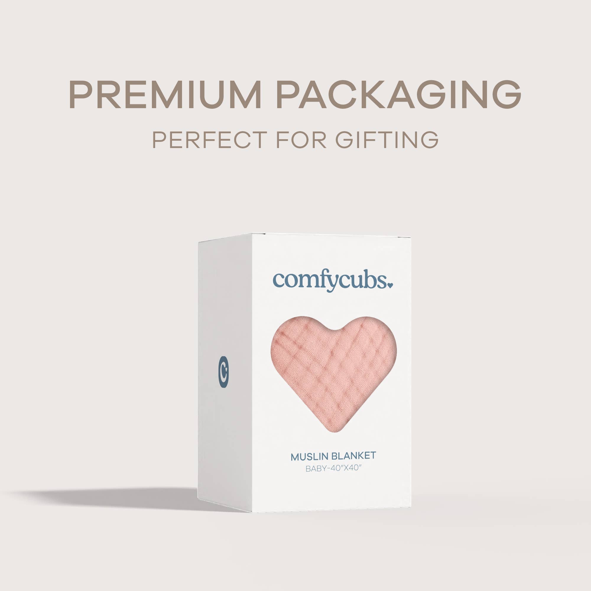 Comfy Cubs baby muslin blanket in premium packaging, ideal for gifting, with 40" x 40" size and soft cotton design.