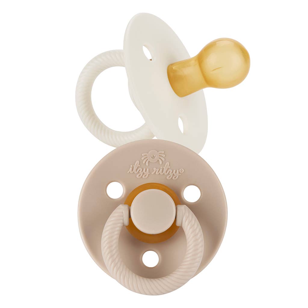 Itzy Ritzy Itzy Soother™ Natural Rubber Pacifiers in Coconut and Toast colors for babies 6-18 months.