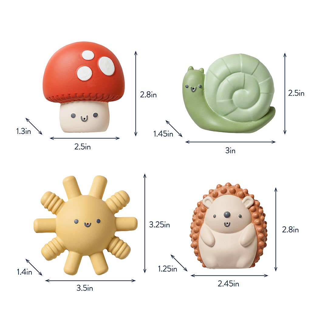 Four soft Itzy Squirt bath toys: snail, mushroom, sun, and hedgehog, perfect for fun and motor skill development in bath time.