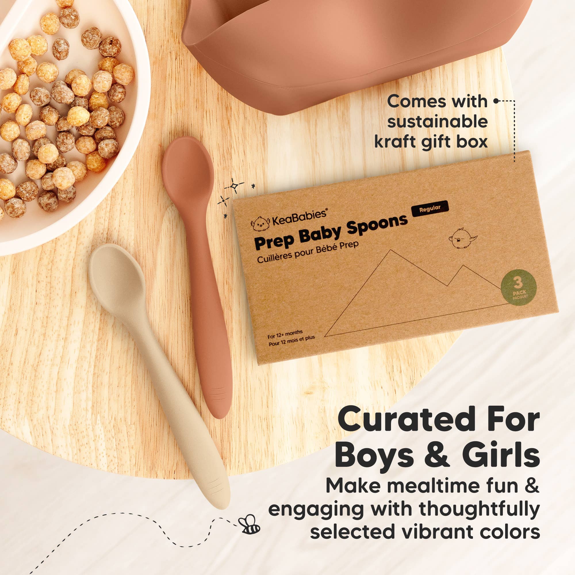 Silicone Baby Spoons 2-pack with kraft gift box on table