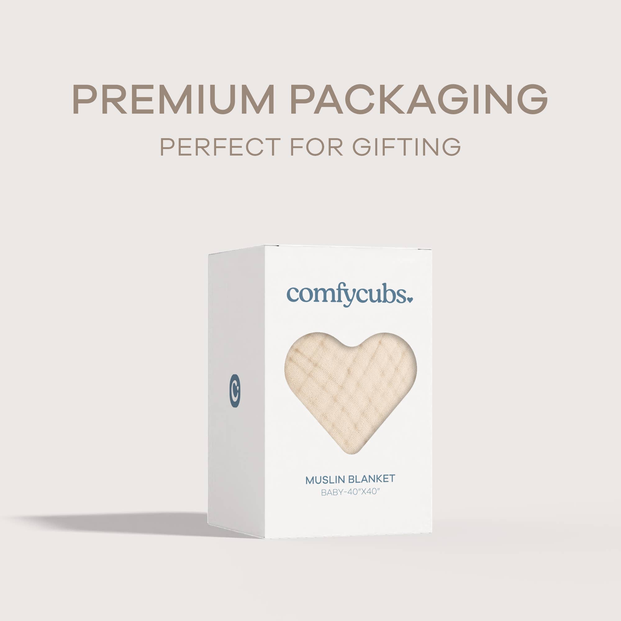 Premium packaging of Comfy Cubs muslin blanket, perfect for gifting baby shower or newborn presents.