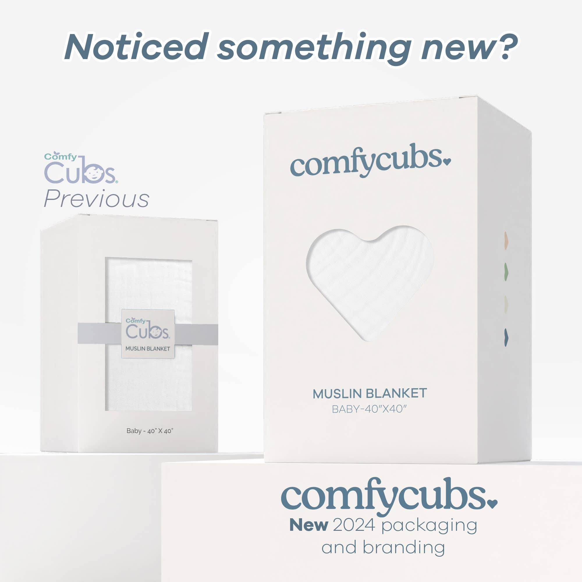 Comfy Cubs Muslin Blanket packaging comparison showing new 2024 design and previous version, featuring soft cotton for babies.