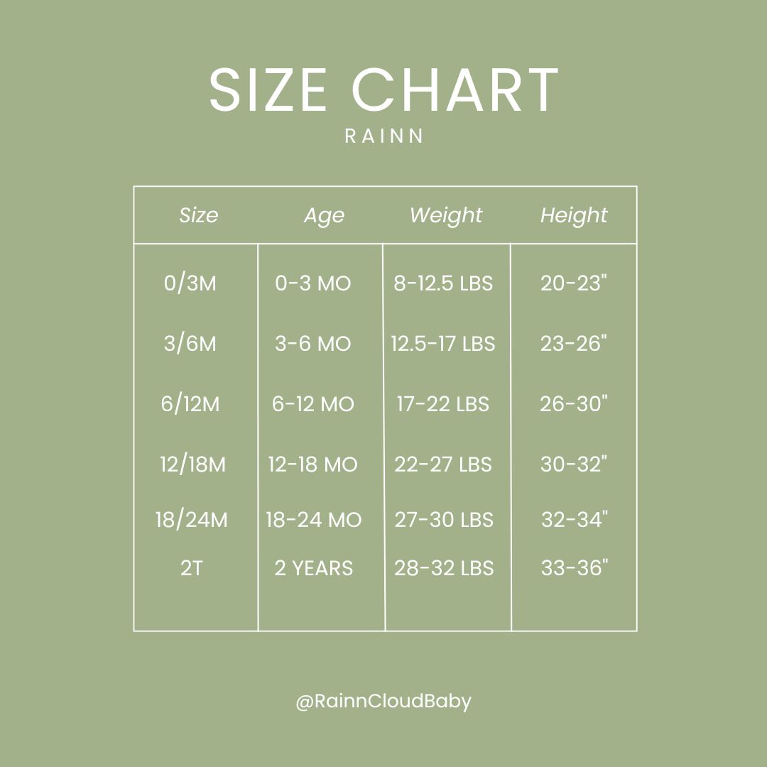 Size chart for Bamboo Pull Up Romper by Rainn, detailing age, weight, and height for 0/3M to 2T. Perfect sizing for comfort.
