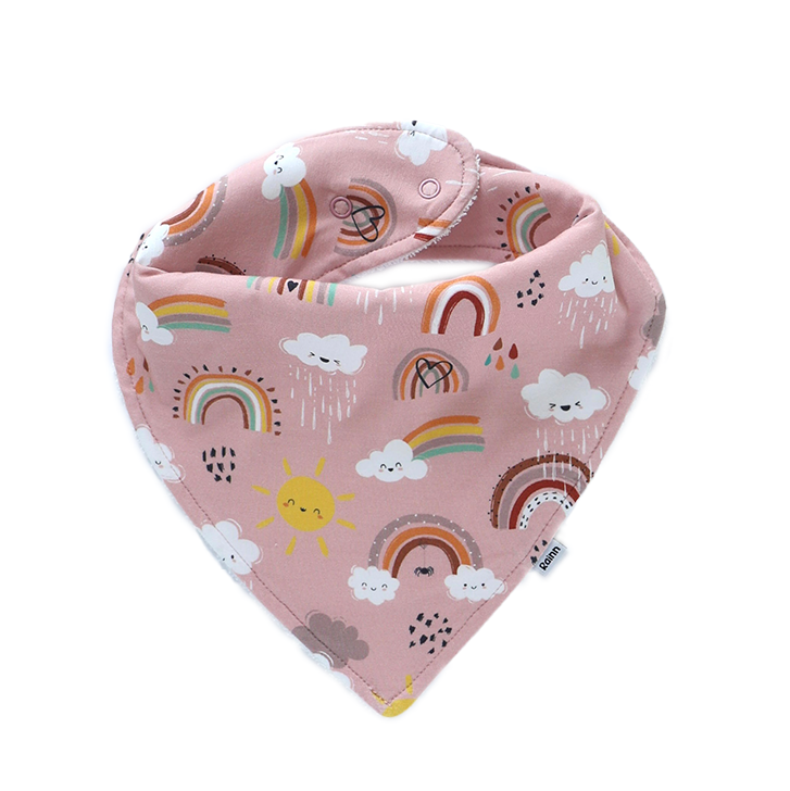 Rainnbow Bandana Dribble Bib in pink with rainbows and clouds design, perfect for drooly babies.